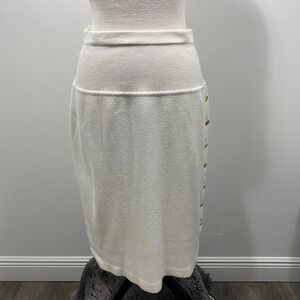VTG Schrader Knit Sweater Skirt‎ Gold Button Detail Ribbed Waist Ivory Sz 14